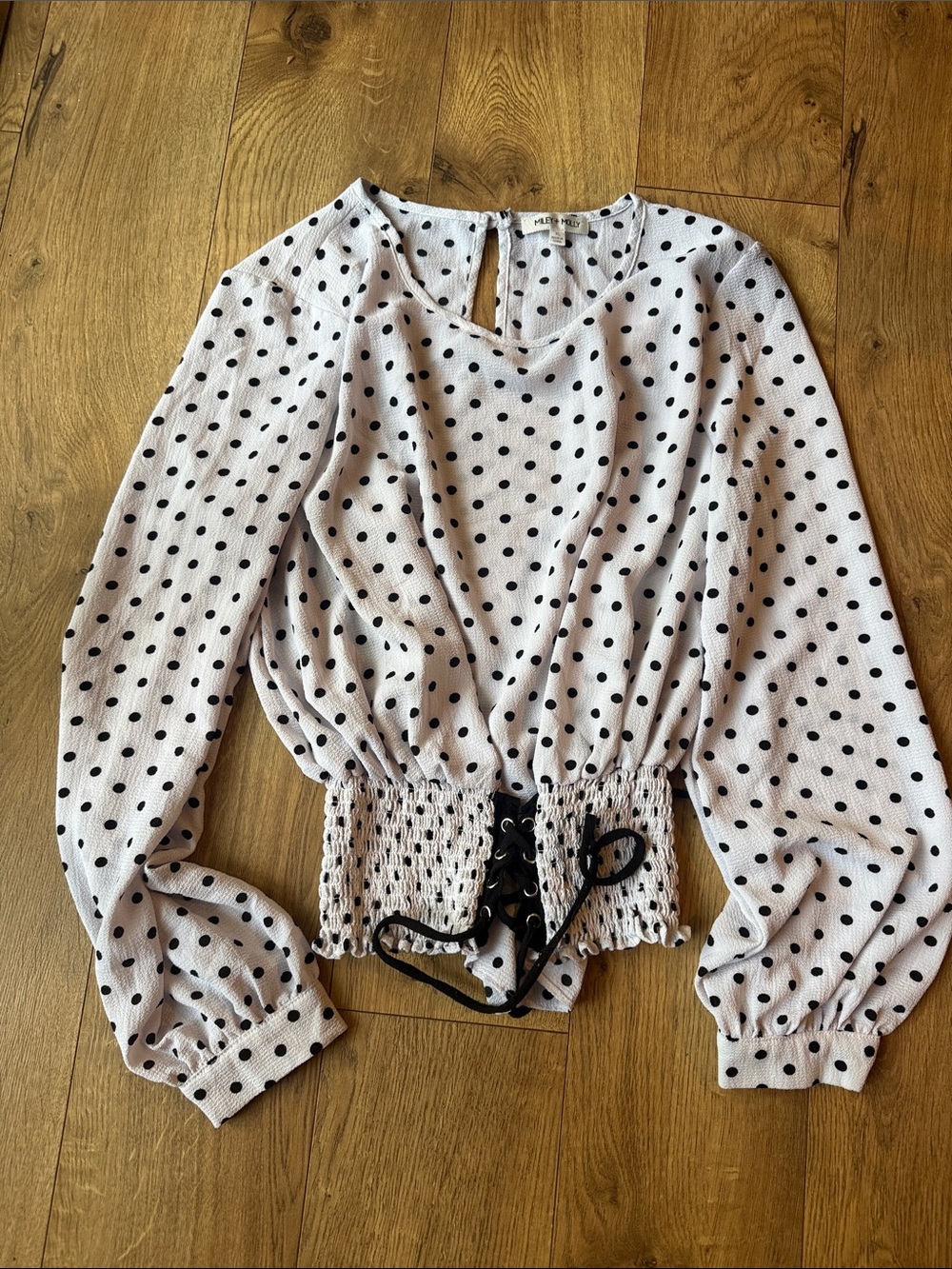 Polka Dot Lace-Up Peplum Blouse - White with Black Dots